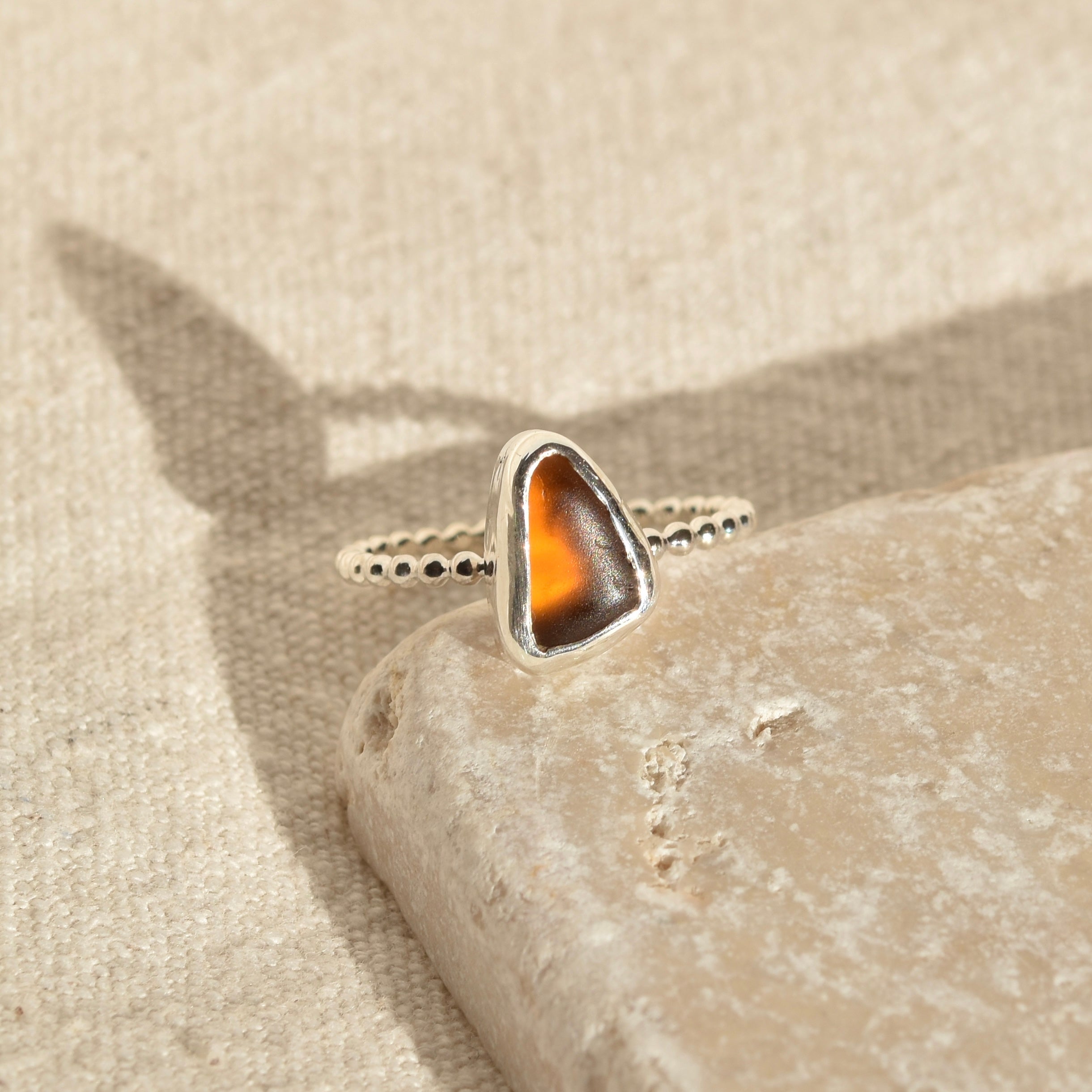 Amber Beaded Sea Glass Ring | Size M