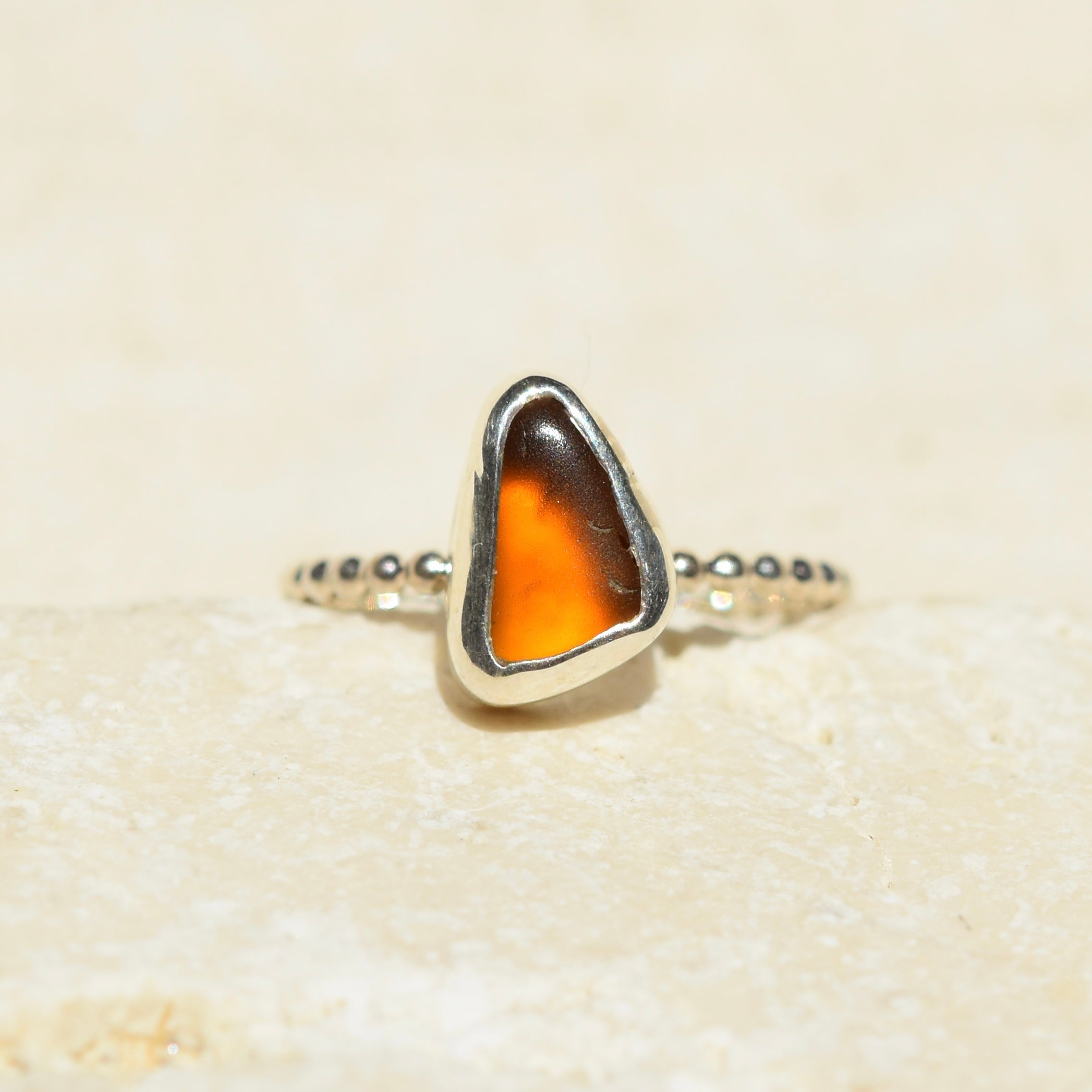 Amber Beaded Sea Glass Ring | Size M