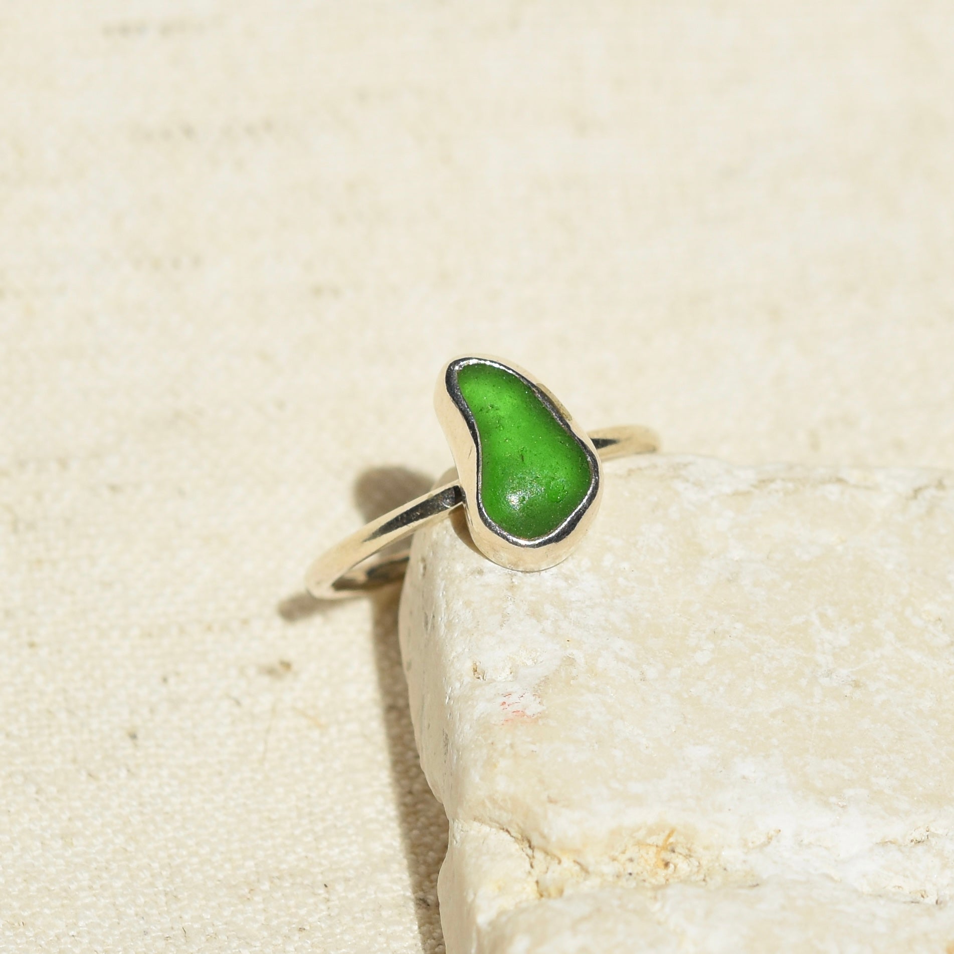 Emerald Green Sea Glass Ring | Size N